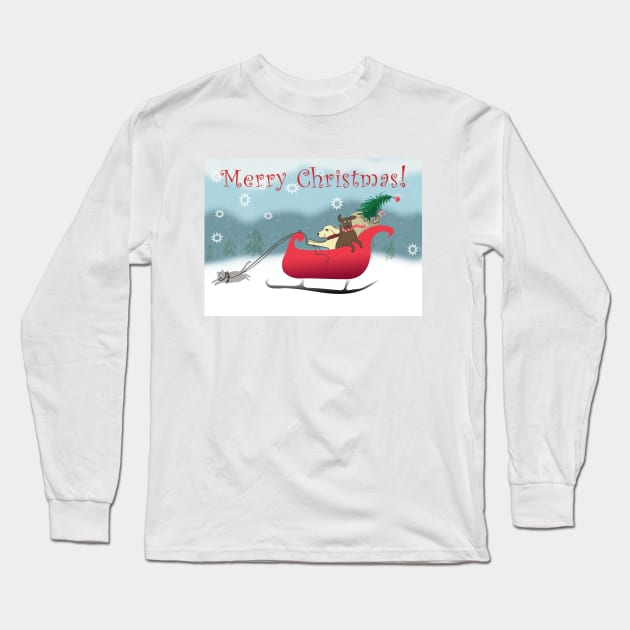 Dog and Cat Joyous Sleigh Ride Long Sleeve T-Shirt by BGartmanStudio